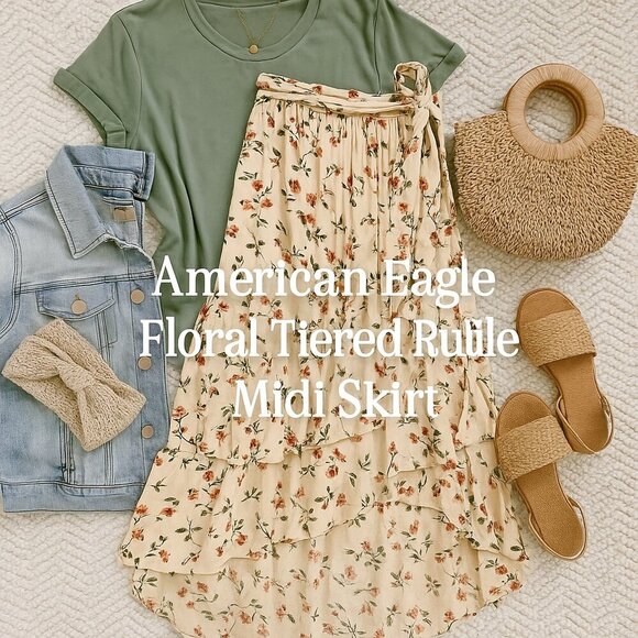 NWOT American Eagle Floral Tiered Ruffle Tie Waist Midi Skirt Cream Size S - Picture 1 of 14